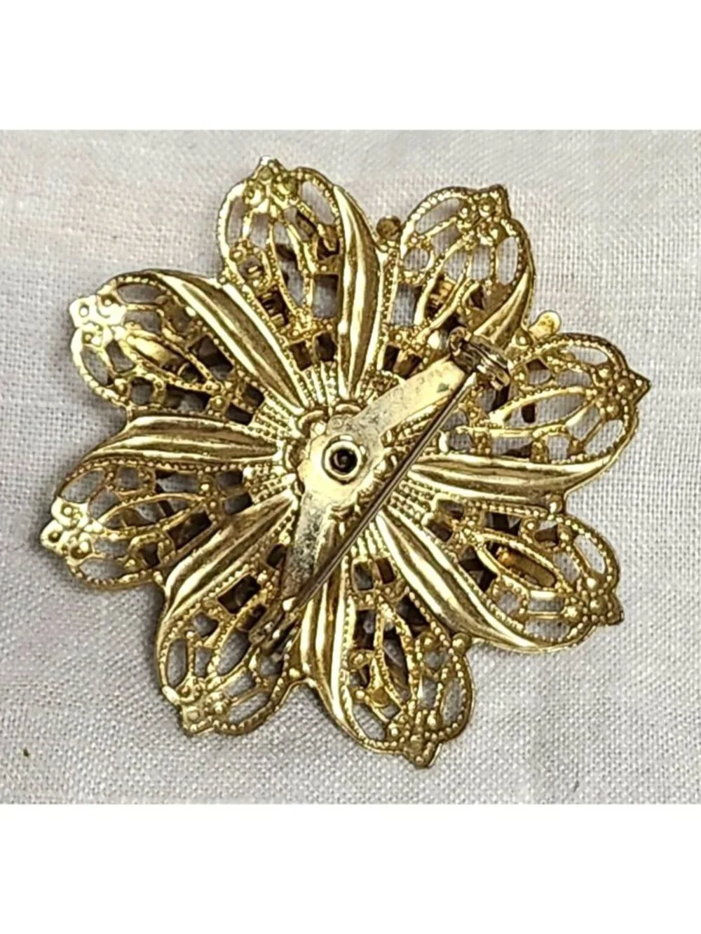 Vintage Gold Tone Multi-Layered Filigree Brooch Rhinestone Accents Sparkling Rom